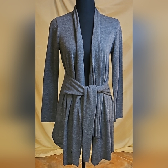 Sushi Flowers Sweaters - Sushiflower Gray Open Front Wrap Cardigan Sweater Tie Belt S Vintage Y2K